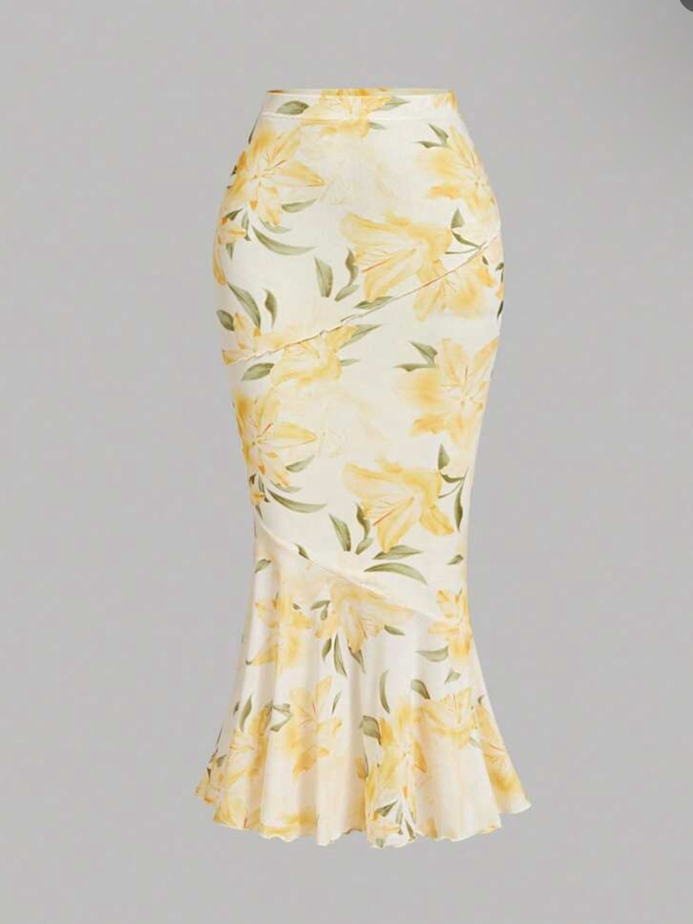 Floral Yellow & Cream Mermaid Midi Skirt